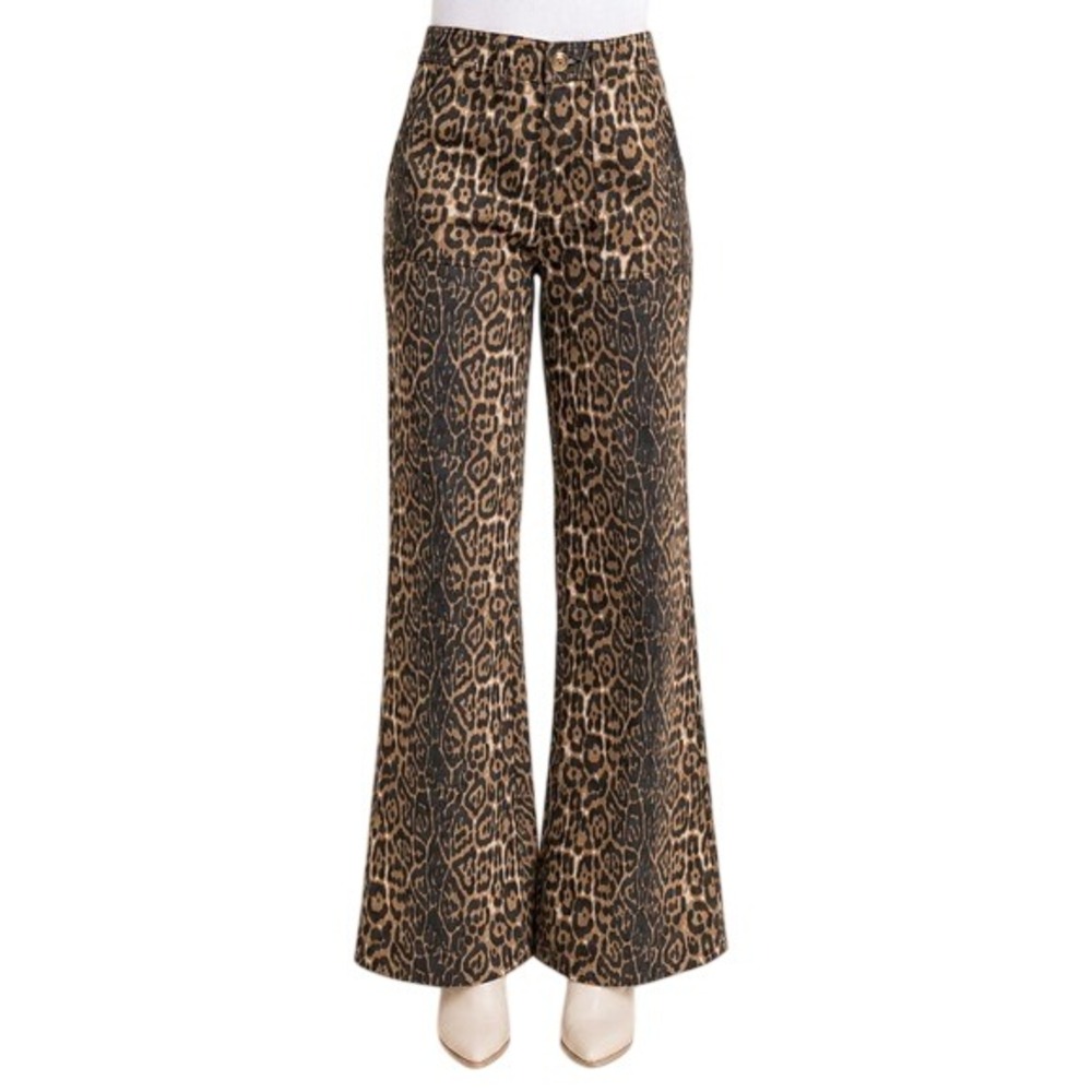 NWT GiGiO USA Leopard Print Wide Leg  Pants High Rise Animal Print Tan Black M
